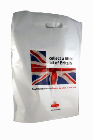Image of a white carrier bag with royal mail logo and British flag